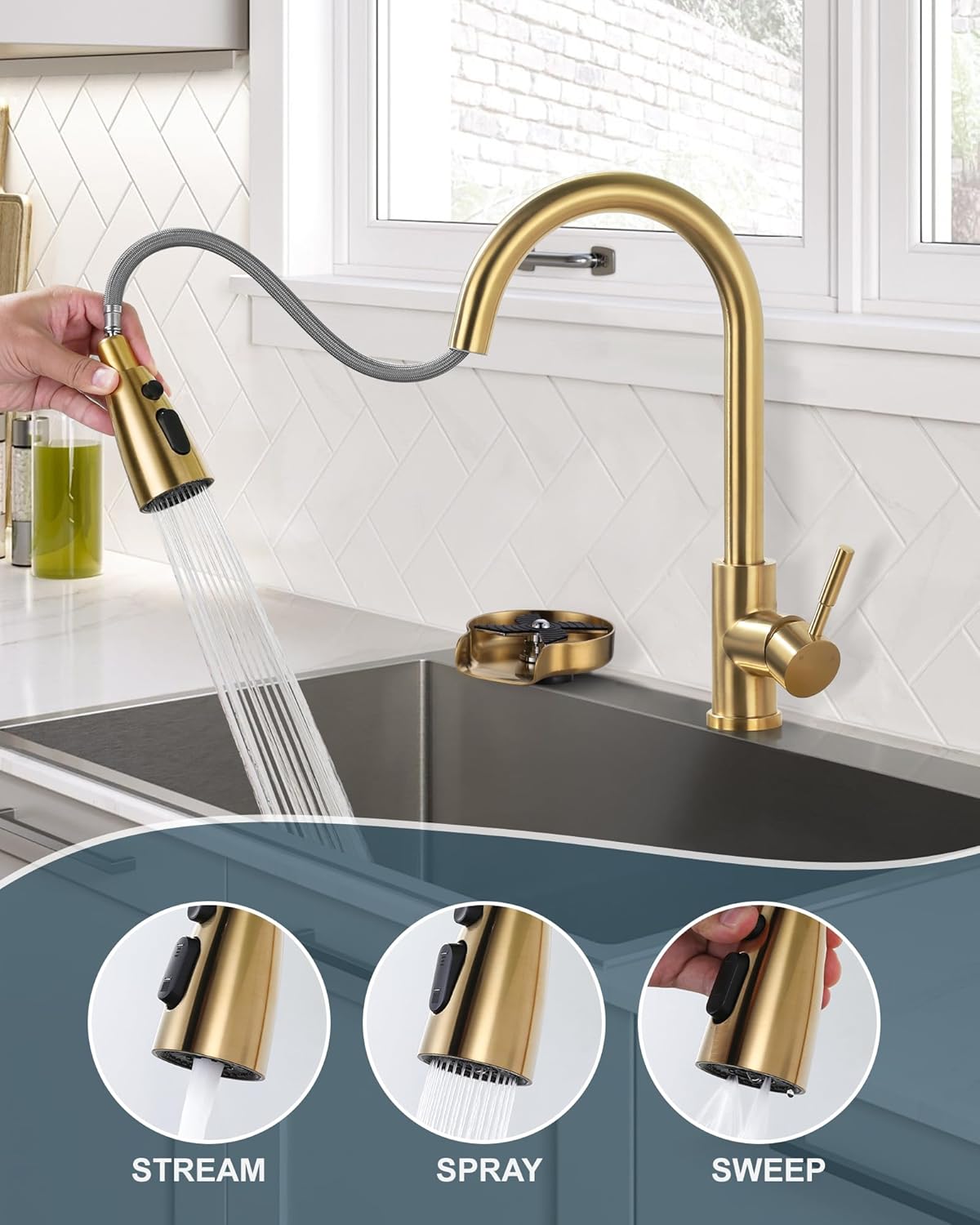 wowow brushed gold single handle pull down kitchen sink faucet and cup rinser combo 2