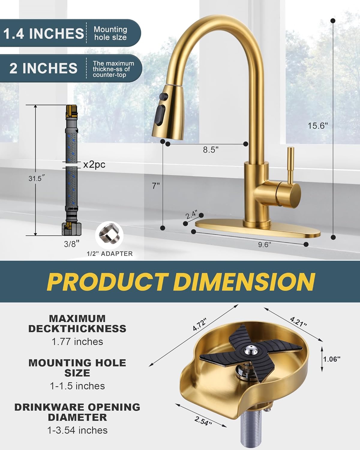 wowow brushed gold single handle pull down kitchen sink faucet and cup rinser combo 5