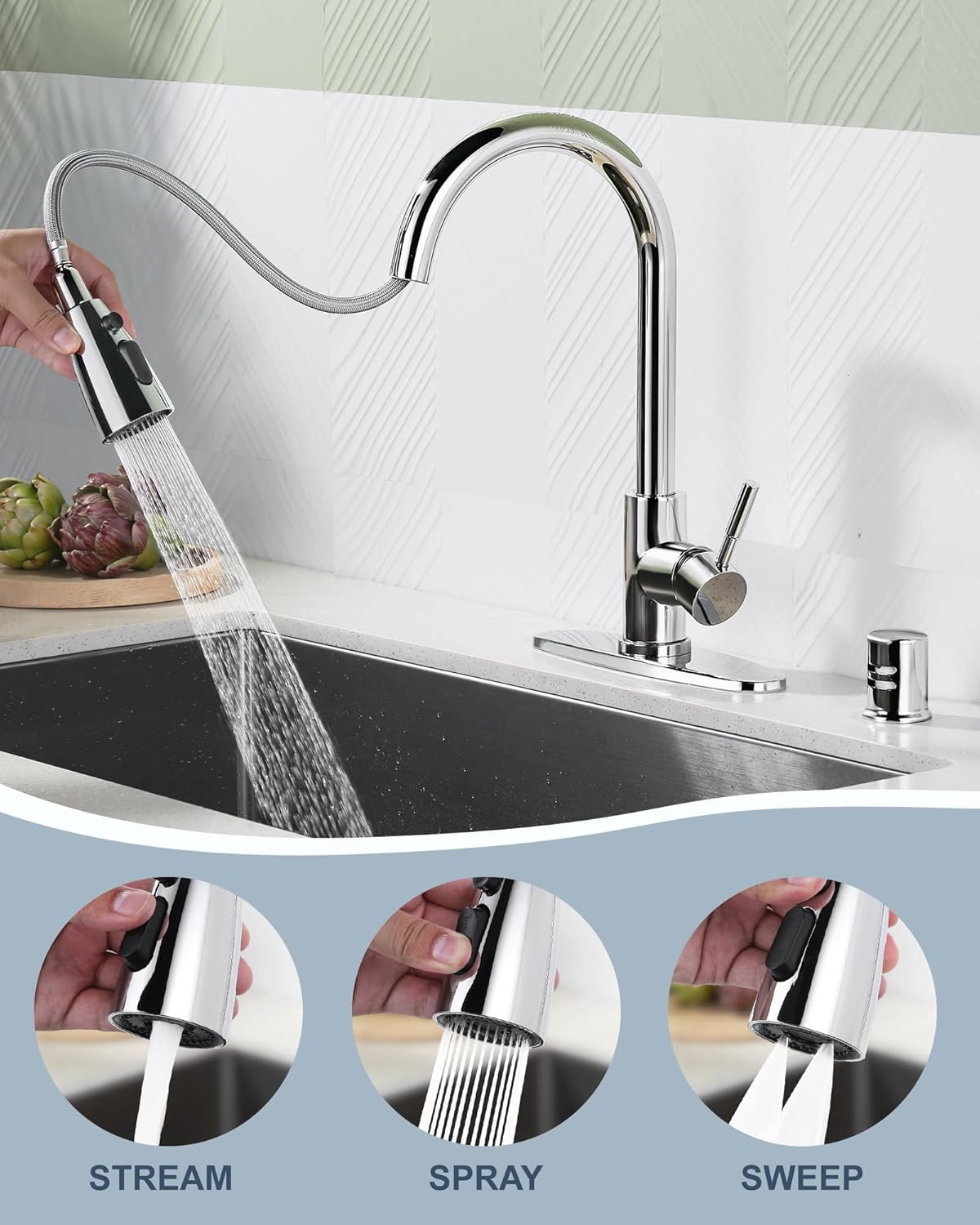 wowow chrome single handle pull down kitchen sink faucet with dishwasher air gap kits 3