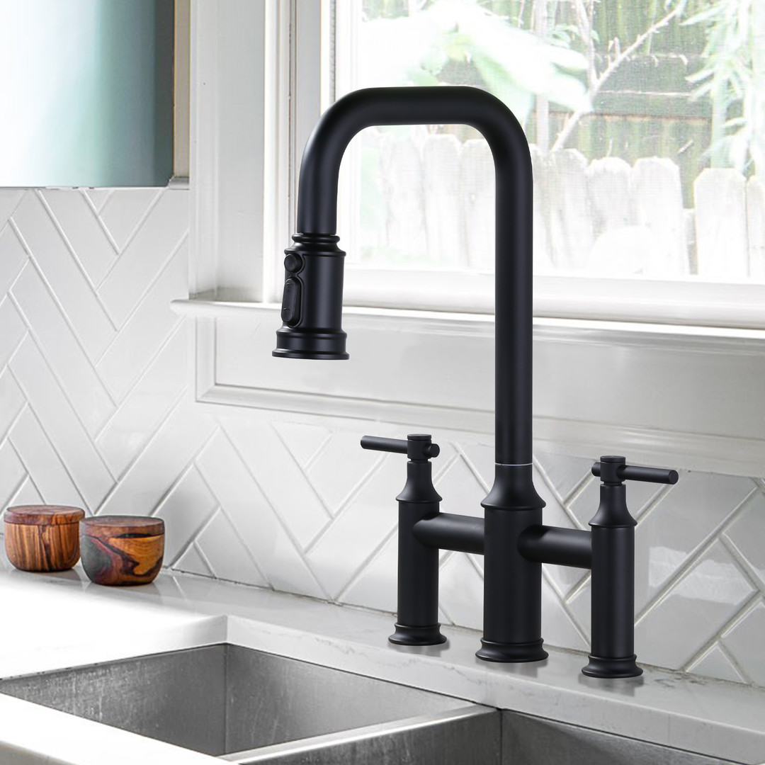 wowow matte black 3 hole high arc bridge kitchen faucet with sprayer 11