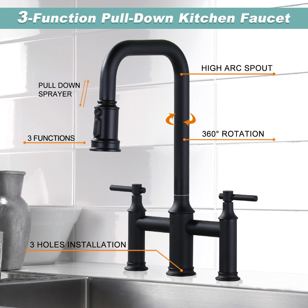 wowow matte black 3 hole high arc bridge kitchen faucet with sprayer 13