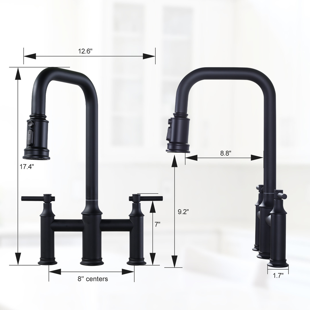 wowow matte black 3 hole high arc bridge kitchen faucet with sprayer 14