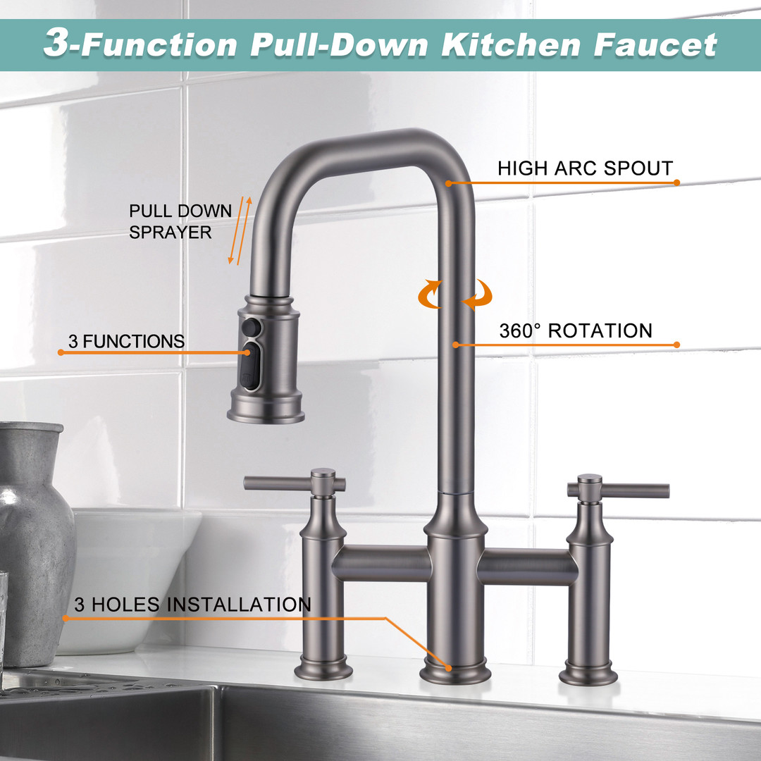 wowow matte black 3 hole high arc bridge kitchen faucet with sprayer 6