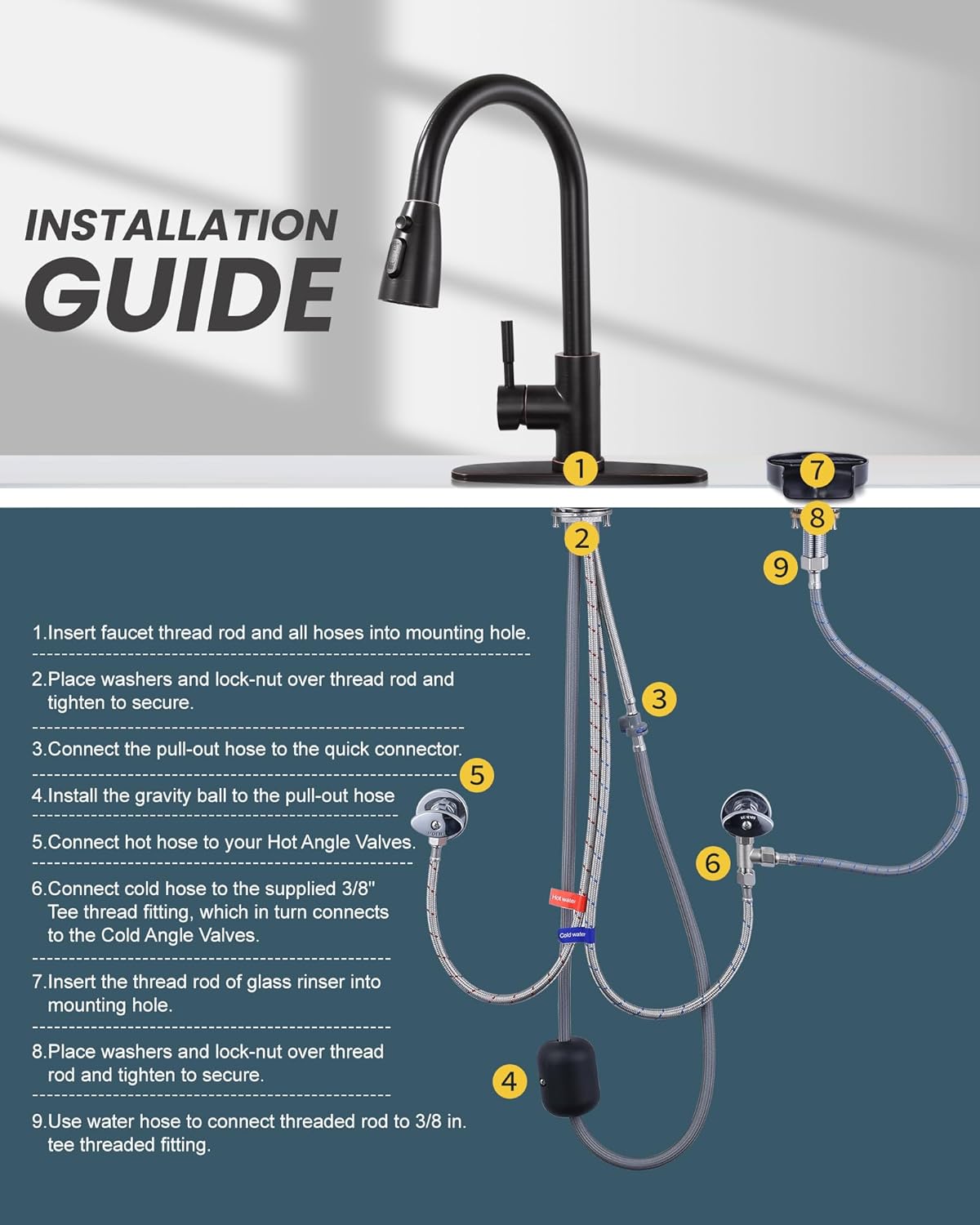 wowow oil rubbed bronze pull down kitchen sink faucet and cup rinser combo 3