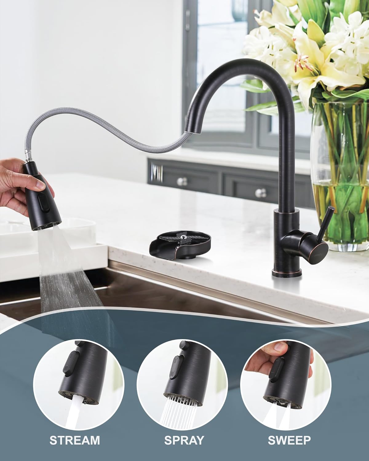 wowow oil rubbed bronze pull down kitchen sink faucet and cup rinser combo 4