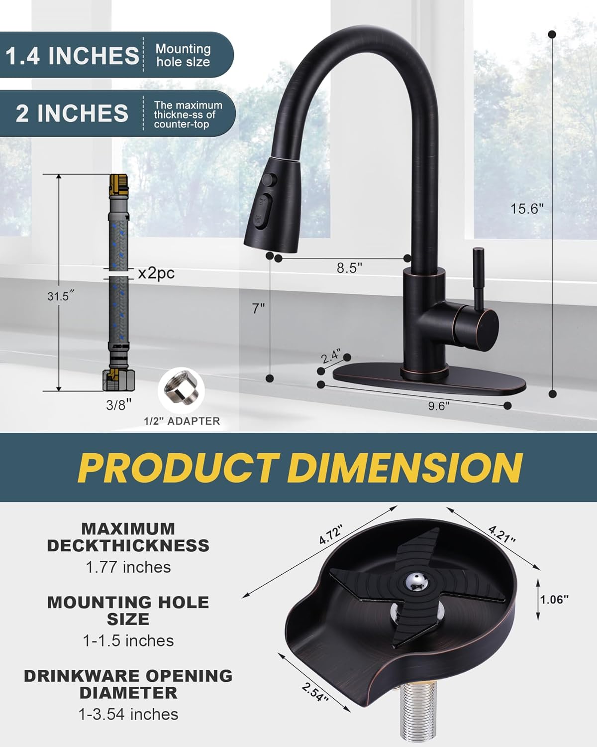 wowow oil rubbed bronze pull down kitchen sink faucet and cup rinser combo 7