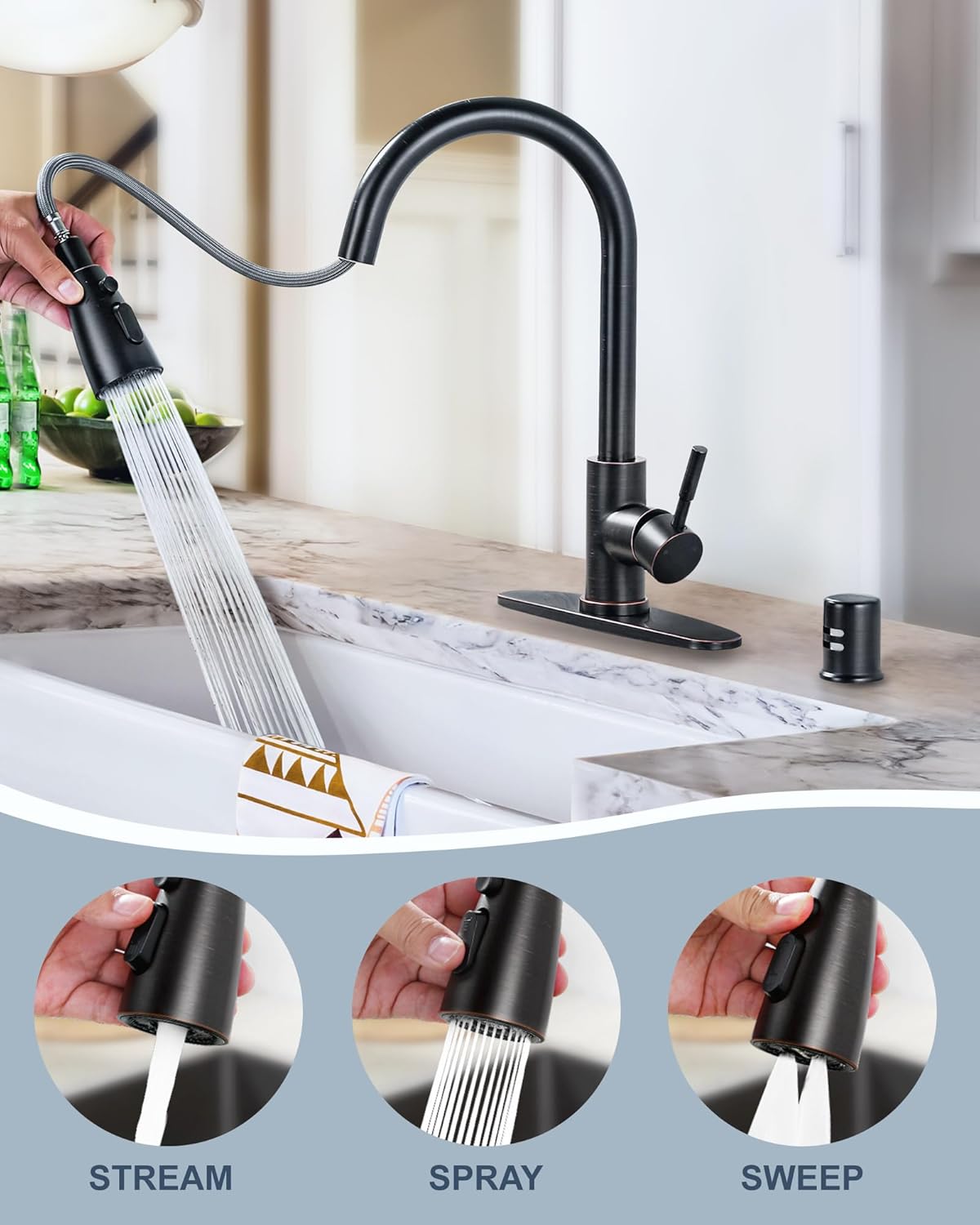 wowow oil rubbed bronze pull down kitchen sink faucet with dishwasher air gap kits 3