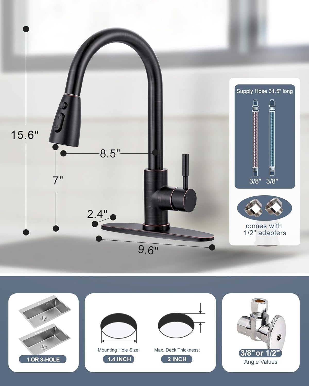 wowow oil rubbed bronze pull down kitchen sink faucet with dishwasher air gap kits 5