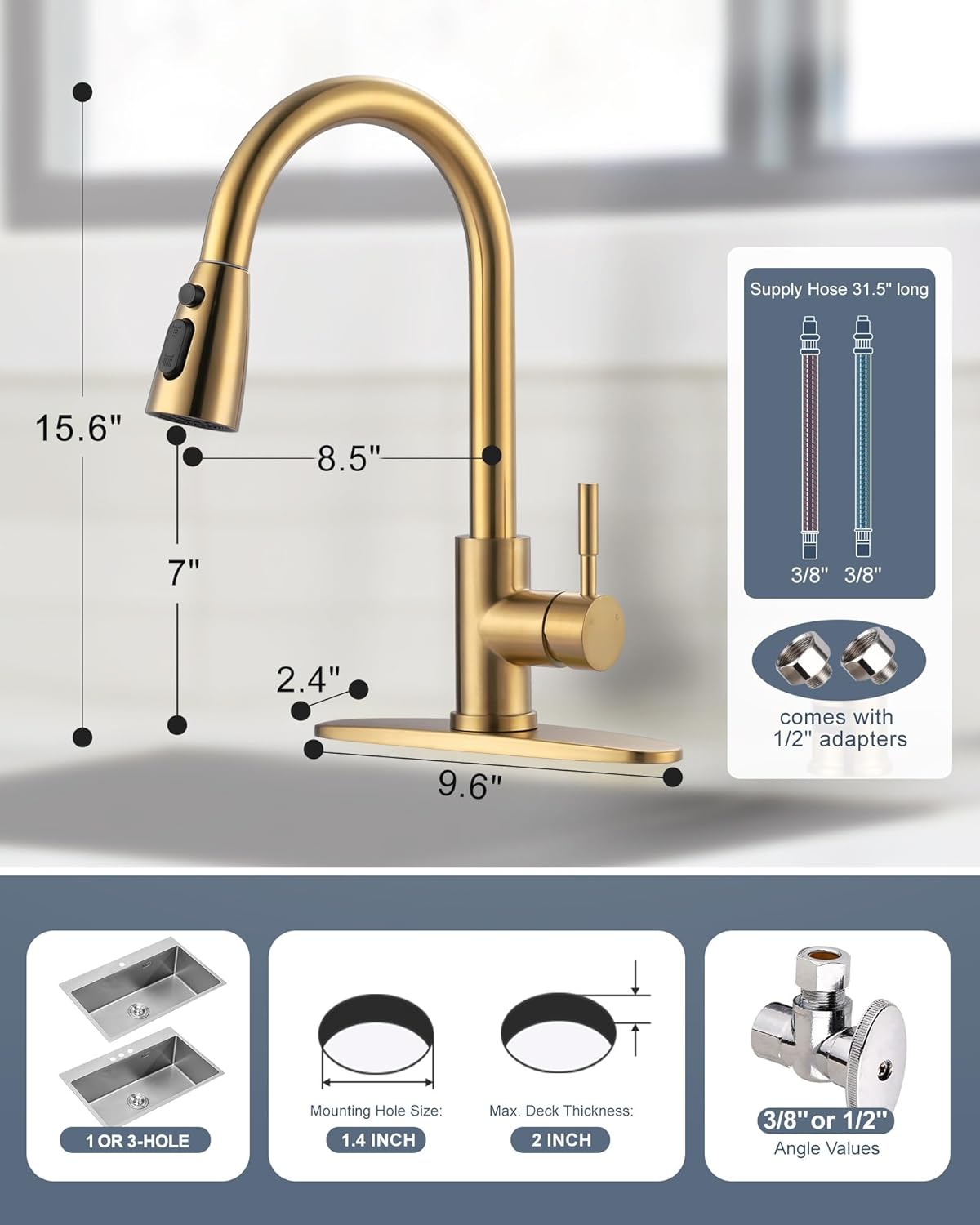 wowow single handle brushed gold pull down kitchen sink faucet with dishwasher air gap kits 2