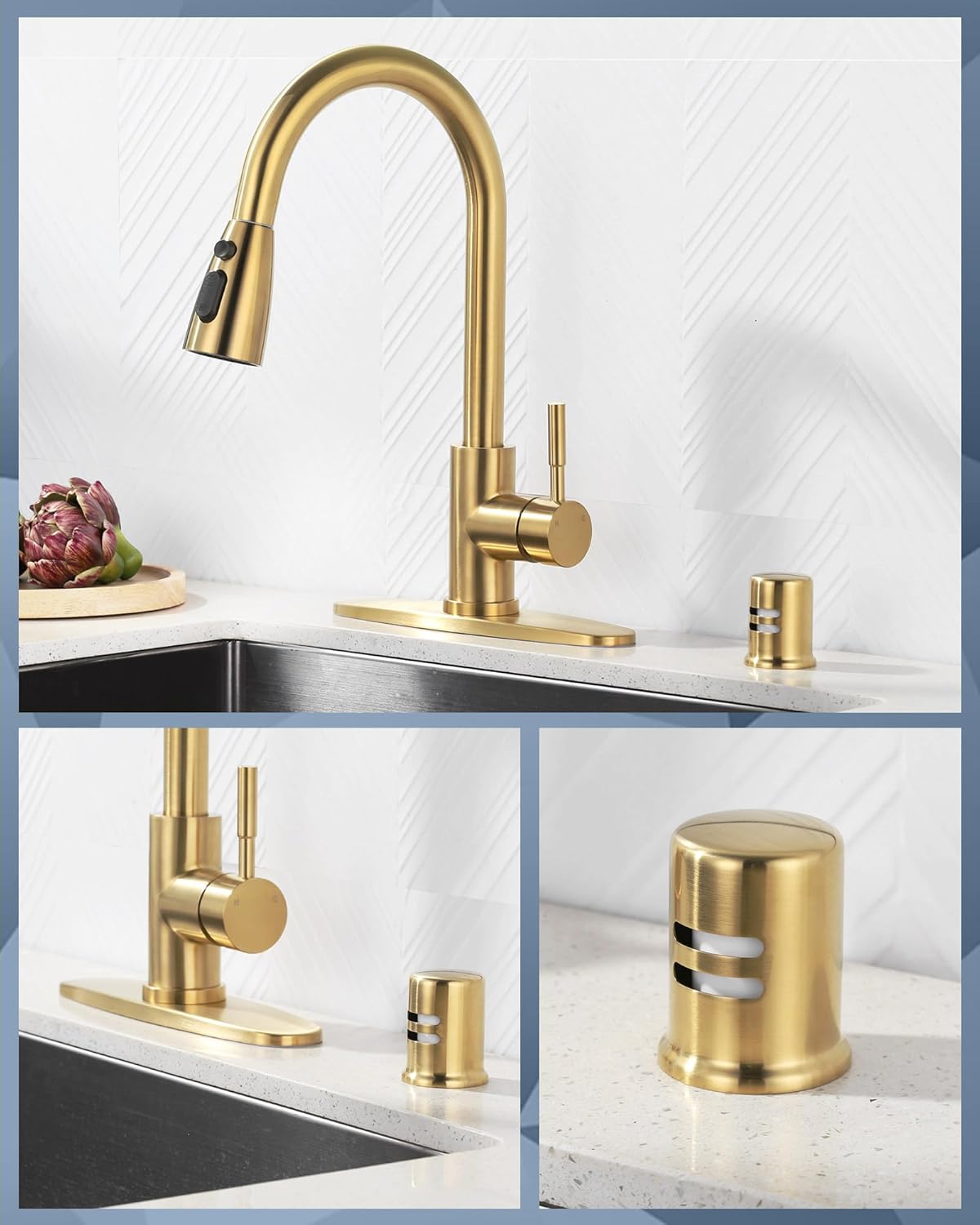 wowow single handle brushed gold pull down kitchen sink faucet with dishwasher air gap kits 4