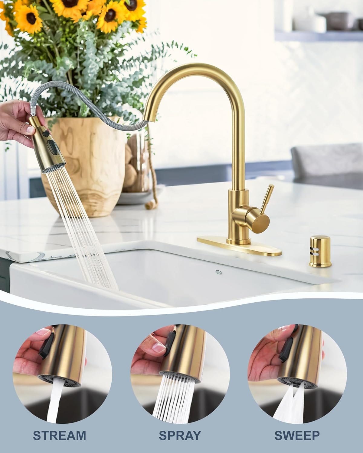 wowow single handle brushed gold pull down kitchen sink faucet with dishwasher air gap kits 8