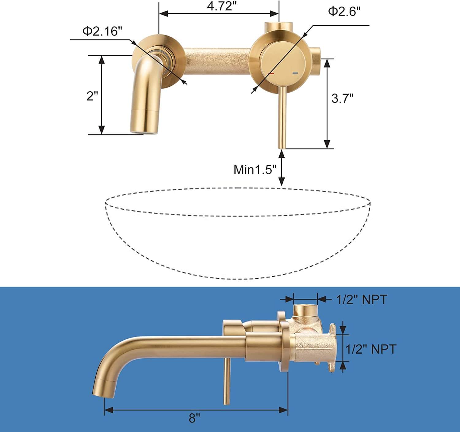 arcora single handle brushed gold wall mounted bathroom sink faucet 3