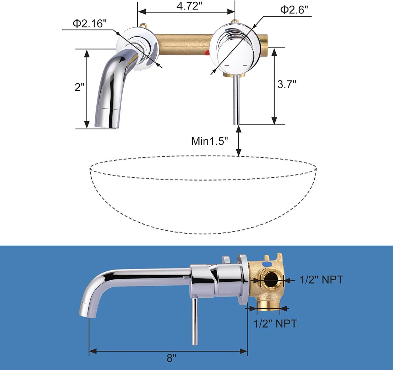 arcora single handle chrome wall mount bathroom sink faucet 5