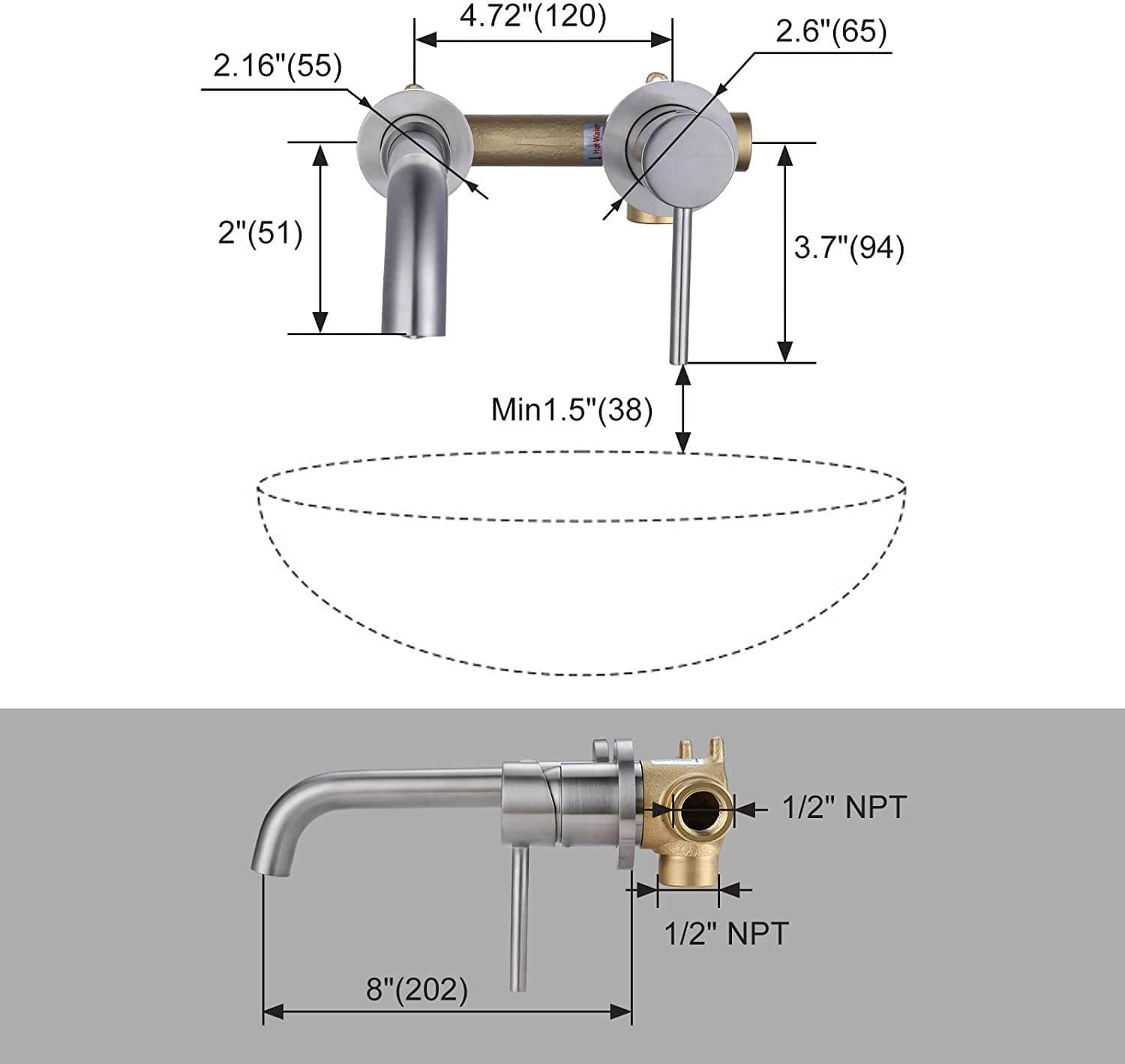 brushed nickel wall mounted bathroom faucet 2