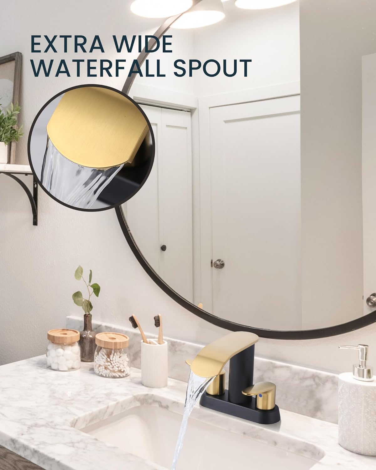 wowow brushed gold and black centerset waterfall bathroom sink faucet with pop up drain 13