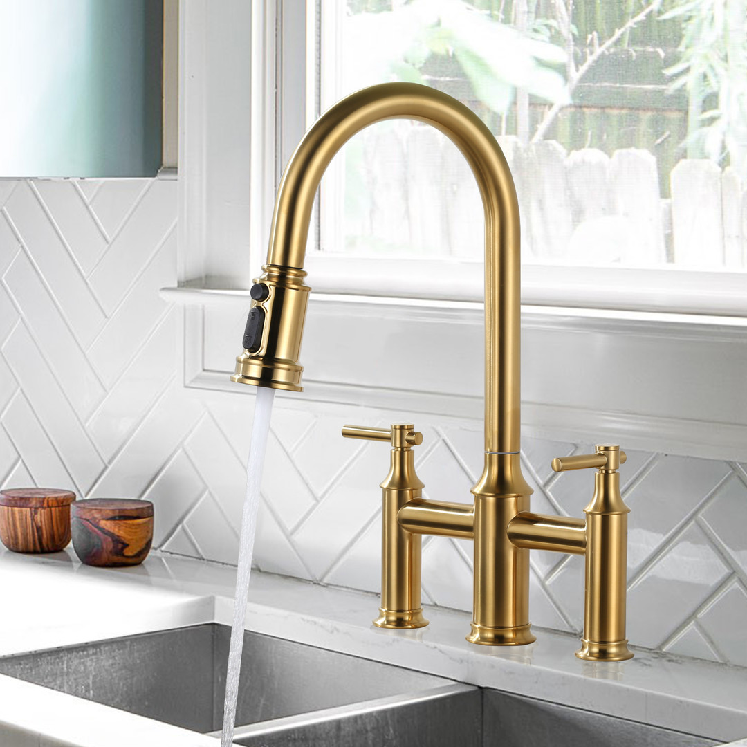 wowow double handle high arc bridge kitchen faucet with 3 spray patterns and 360 rotation spout 12