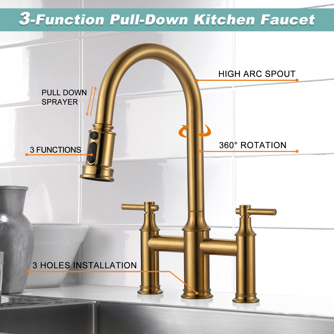 wowow double handle high arc bridge kitchen faucet with 3 spray patterns and 360 rotation spout 14