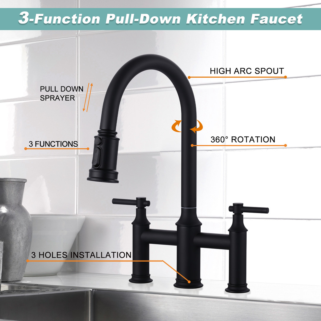 wowow double handle high arc bridge kitchen faucet with 3 spray patterns and 360 rotation spout 20