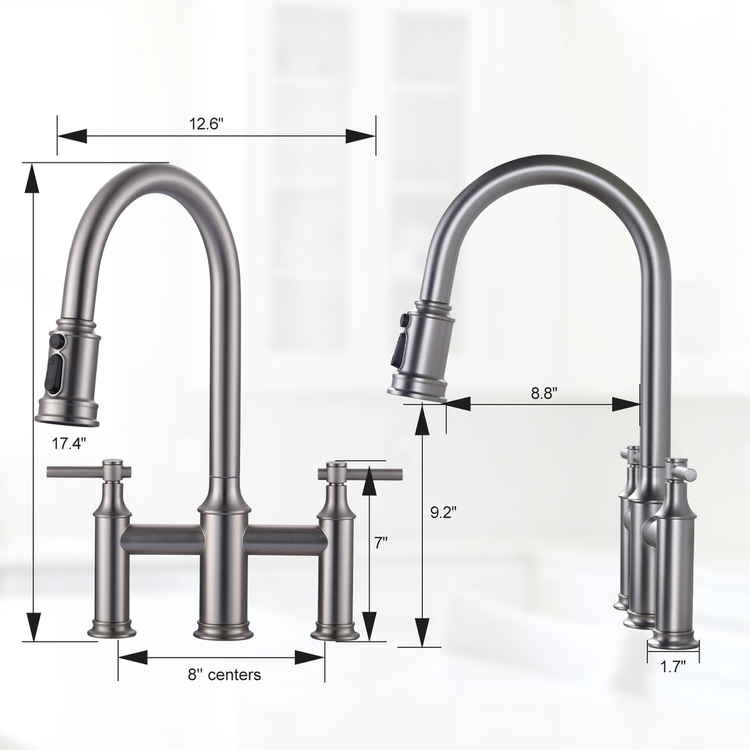 wowow double handle high arc bridge kitchen faucet with 3 spray patterns and 360 rotation spout 8