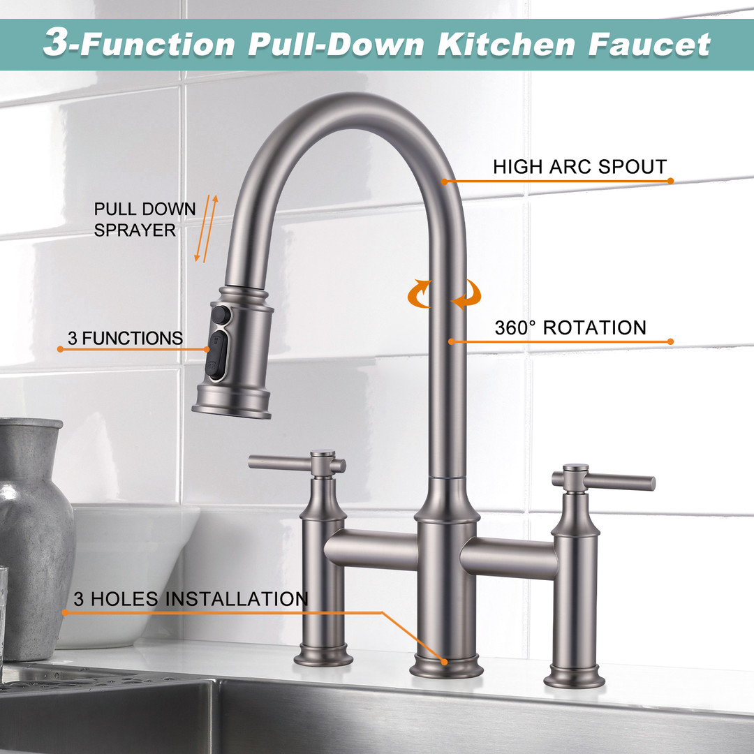 wowow double handle high arc bridge kitchen faucet with 3 spray patterns and 360 rotation spout 9