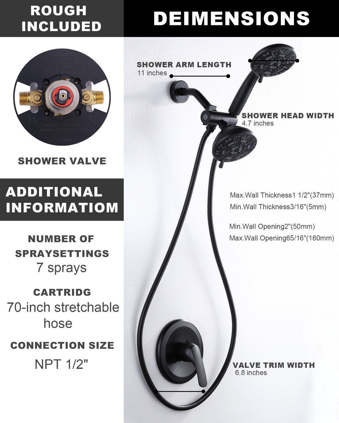 wowow matte black 7 spray patterns shower faucet system with handheld showerhead 7