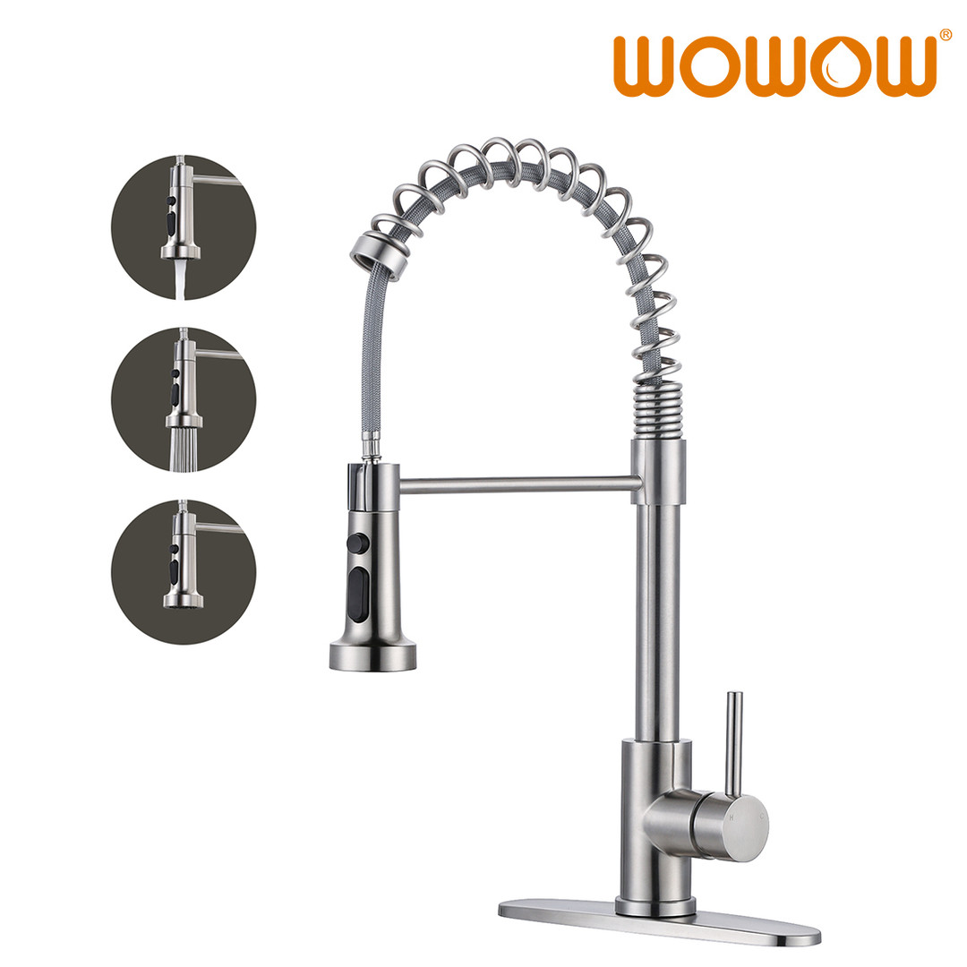 wowow single handle spring pull out kitchen faucet with deck plate 1