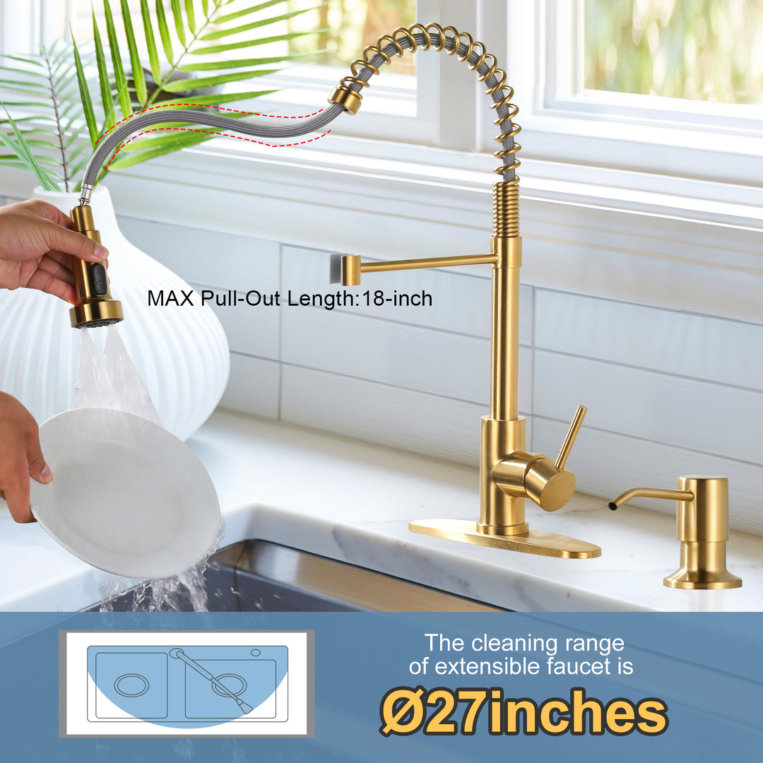 wowow single handle spring pull out kitchen faucet with deck plate 14