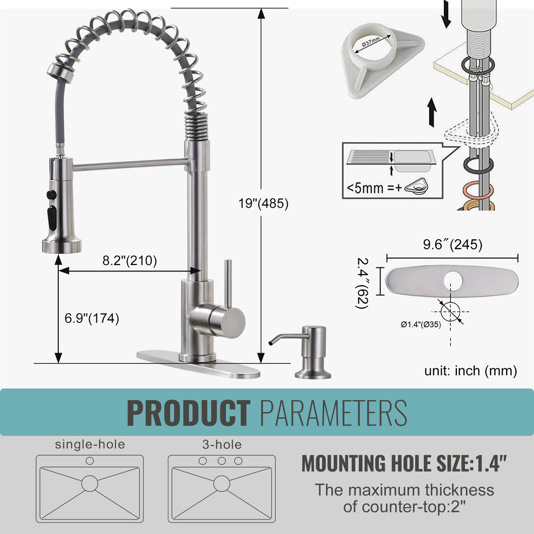 wowow single handle spring pull out kitchen faucet with deck plate 26