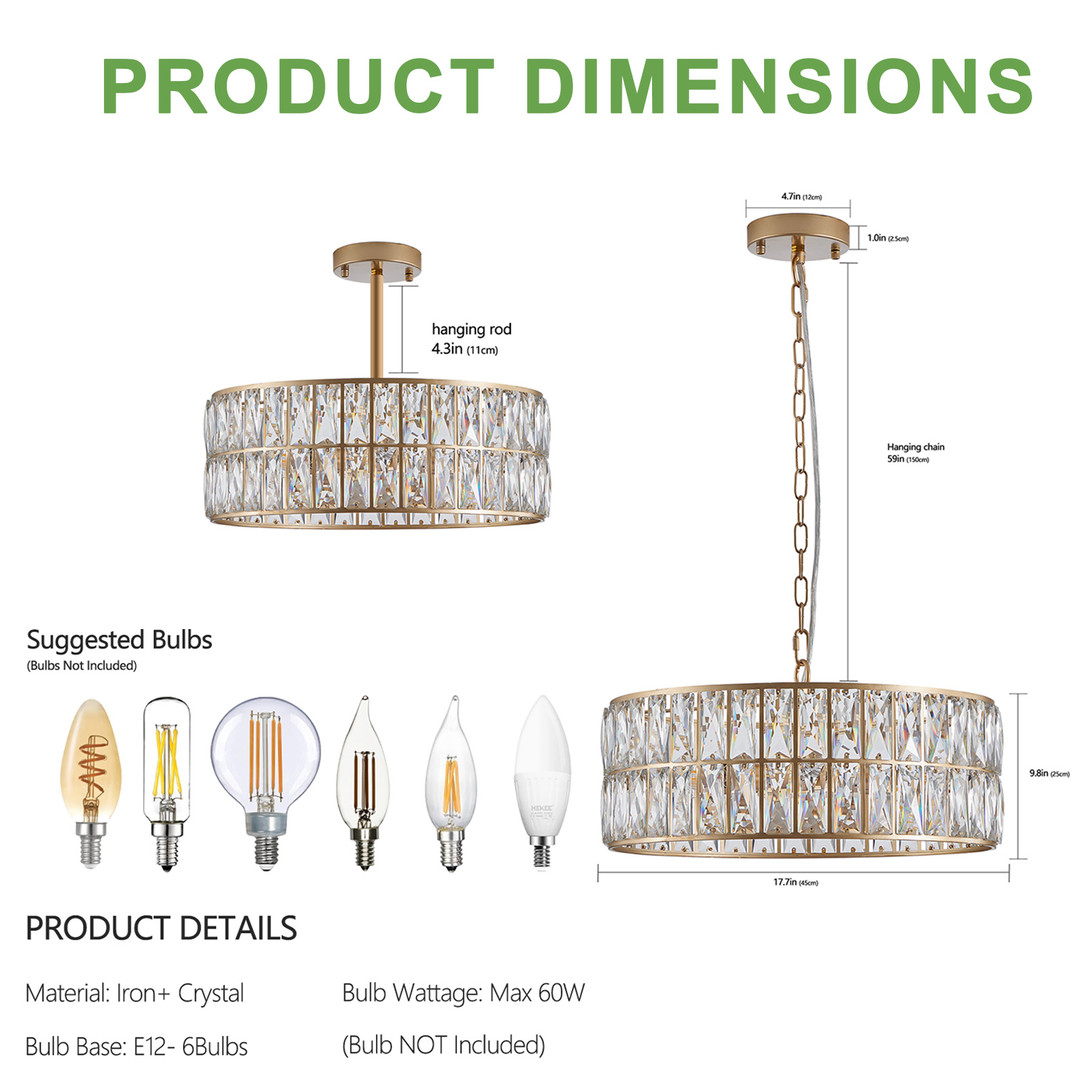 wowow gold 6 light crystal drum chandelier lighting with gold metal frame 1