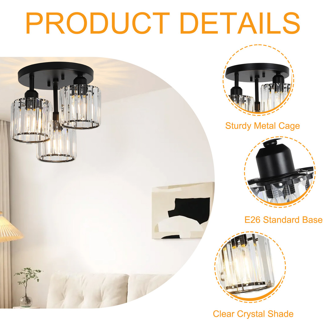 wowow modern 3 light crystal semi flush mount ceiling light with clear crystal shade in black 1