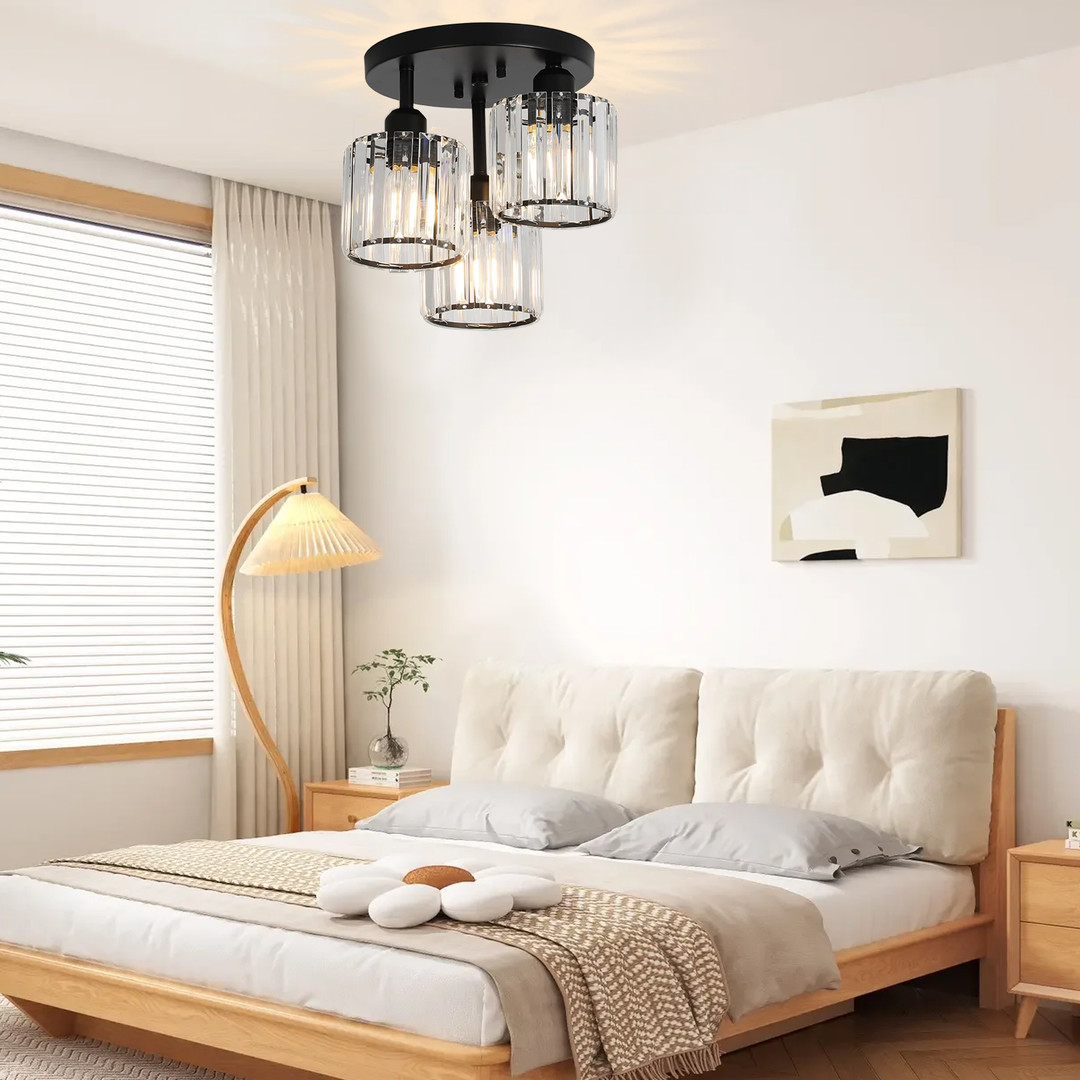 wowow modern 3 light crystal semi flush mount ceiling light with clear crystal shade in black 3