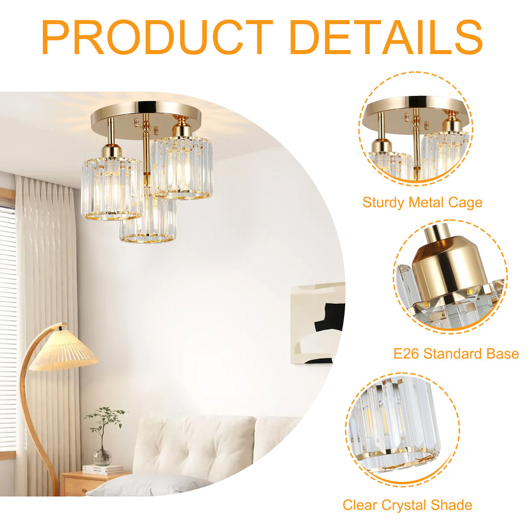 wowow modern 3 light crystal semi flush mount ceiling light with clear crystal shade in gold 7